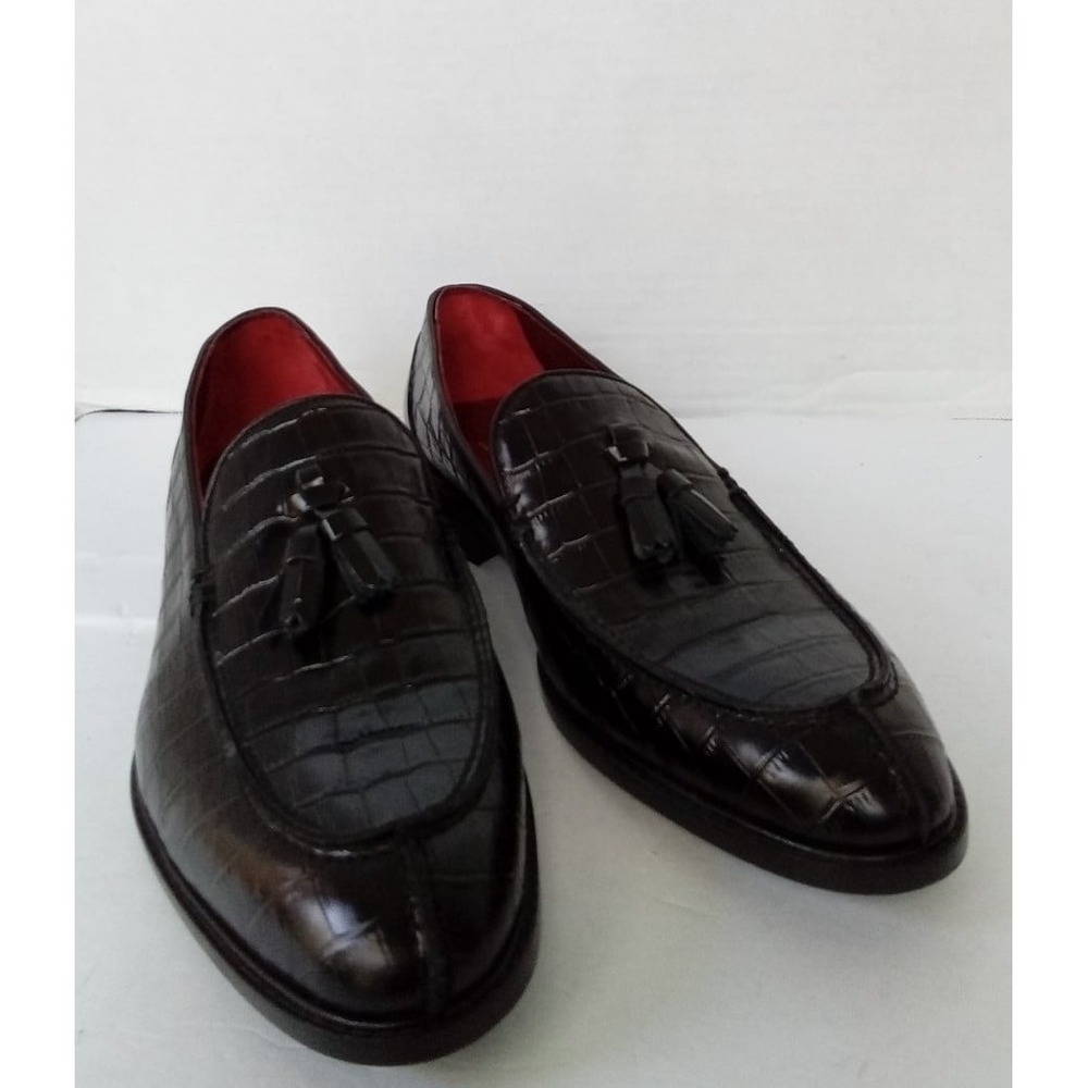 Deckard Mens Croc Embossed Leather Tassel Loafers Dark Brown Dress Shoes
